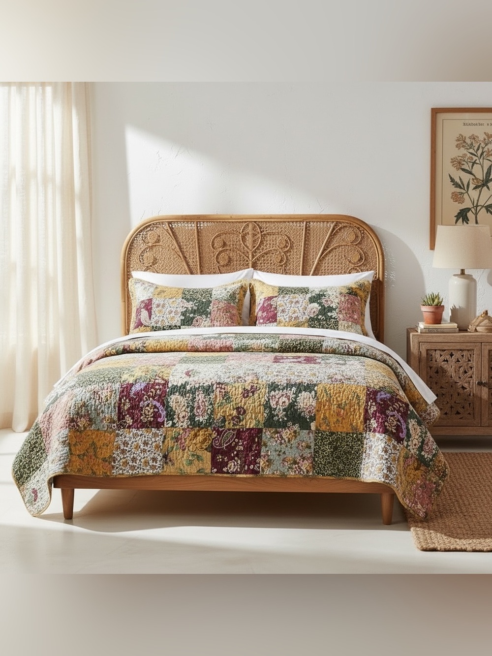 NEW Anthro Cotton Floral Reversible Patchwork Queen King Bedding Quilt Sham Set - Picture 4 of 15